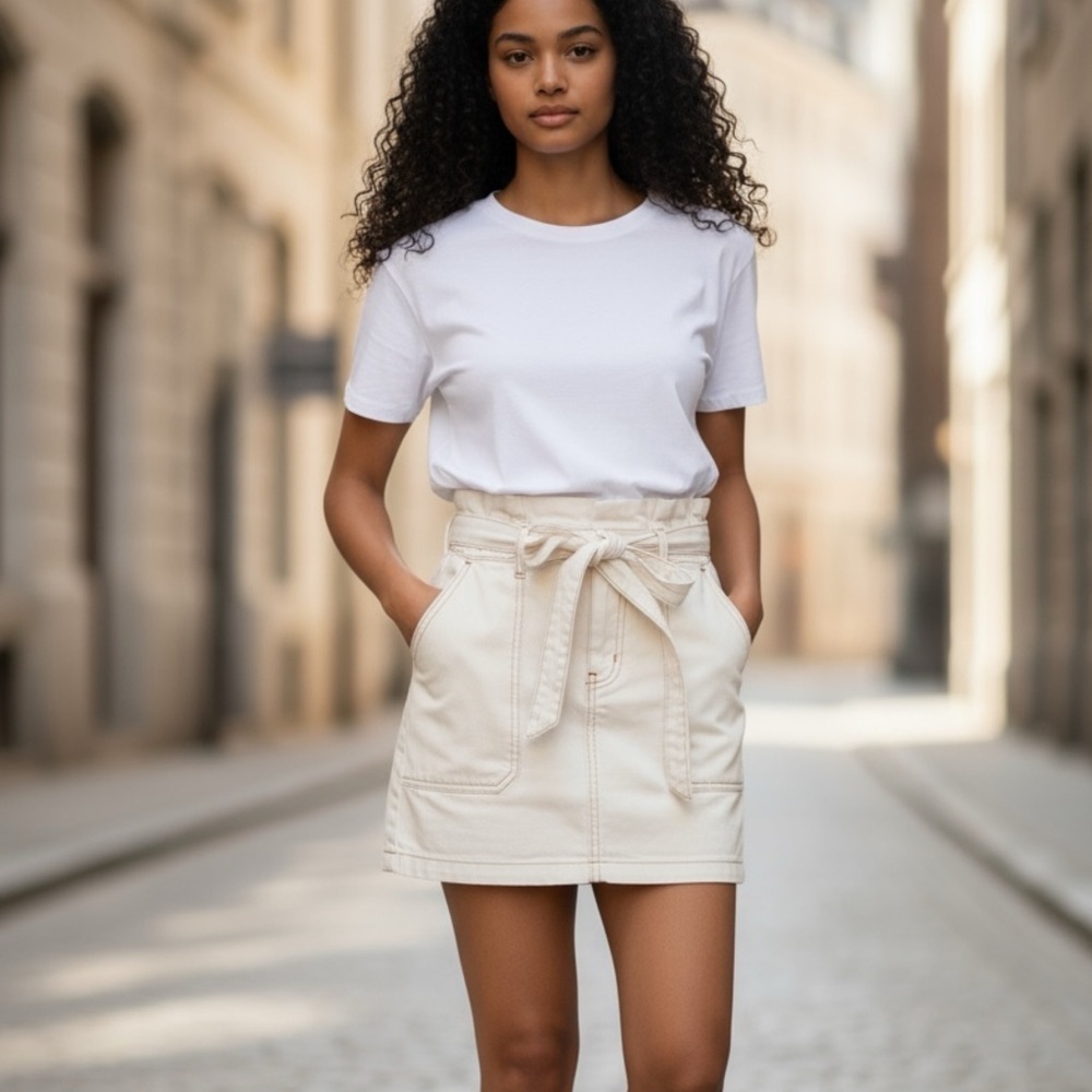 NWT Free People Splendor In The Grass High-Rise Denim Skirt Ivory Size 10